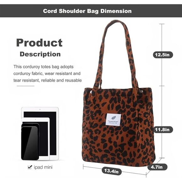 Women Leopard Imported Corduroy Canvas Shoulder Handy Inner Pocket Tote Bag - Picture 3 of 4